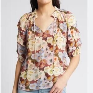 Rails Paris Floral Split Neck Top Small Multicolor Ruffle Sleeve Crinkle Blouse
